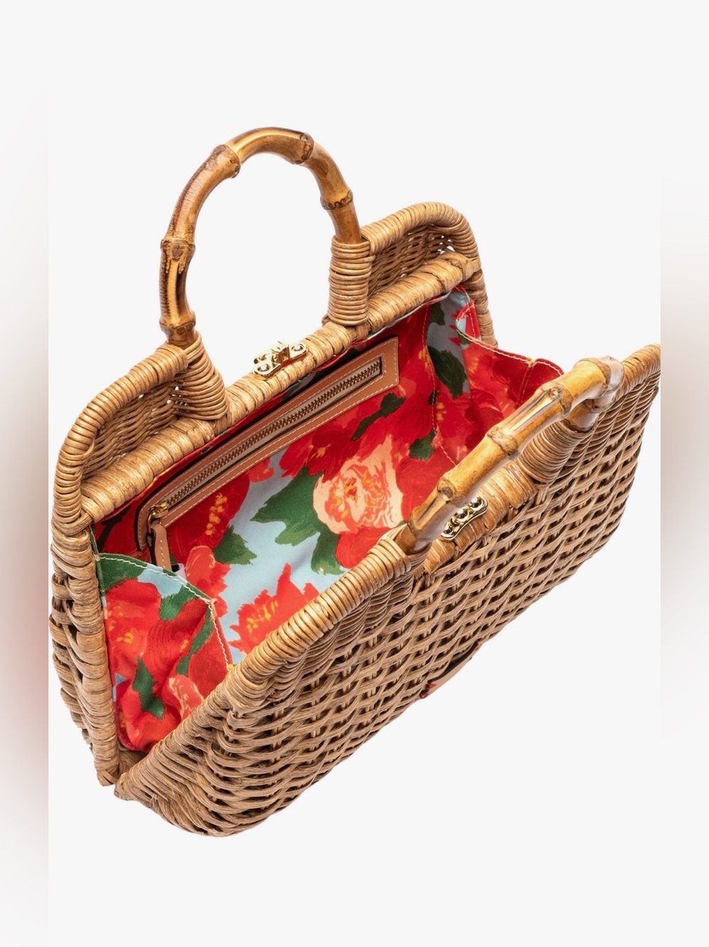Frances Valentine Tan Woven Rattan Satchel with Bamboo Handles - Picture 2 of 3
